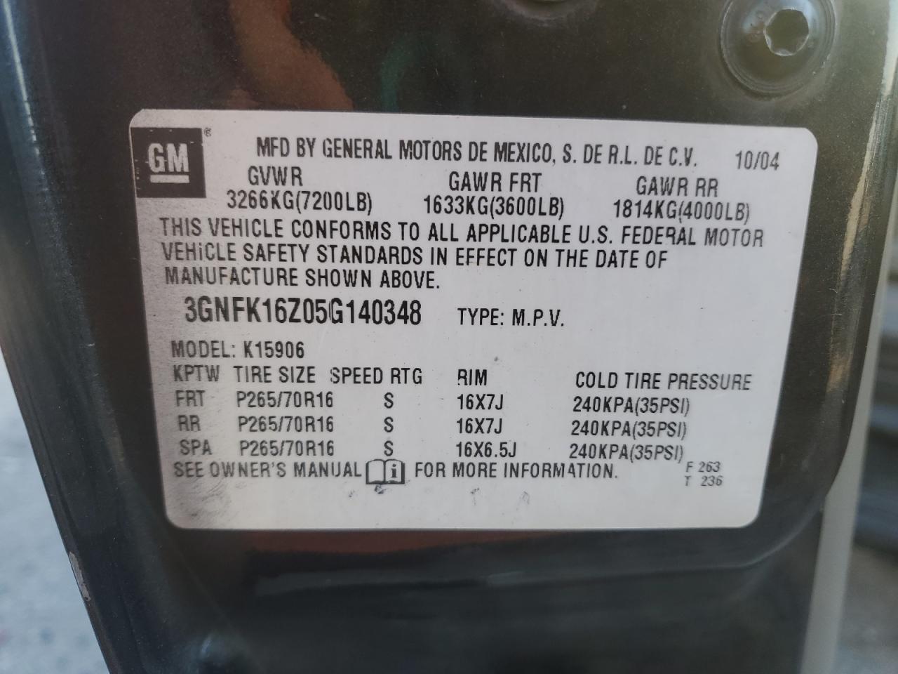 2005 Chevrolet Suburban K1500 VIN: 3GNFK16Z05G140348 Lot: 80626155