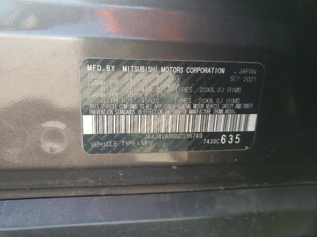 2022 Mitsubishi Outlander Sel VIN: JA4J4VA86NZ036749 Lot: 70436725