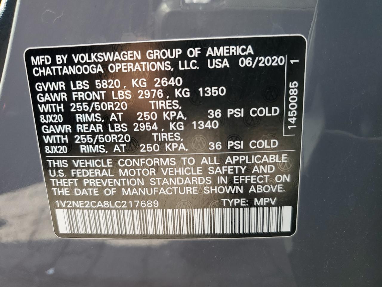 2020 Volkswagen Atlas Cross Sport Sel Premium VIN: 1V2NE2CA8LC217689 Lot: 70530785