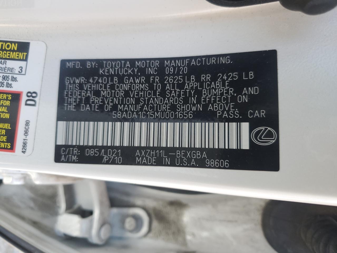 2021 Lexus Es 300H VIN: 58ADA1C15MU001656 Lot: 71557665