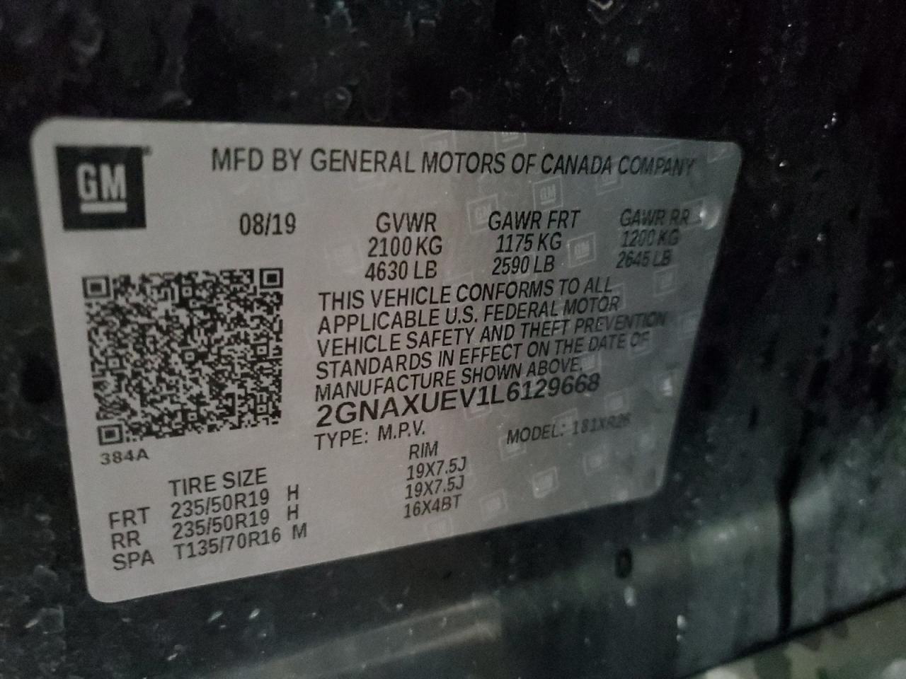 2020 Chevrolet Equinox Lt VIN: 2GNAXUEV1L6129668 Lot: 81607925