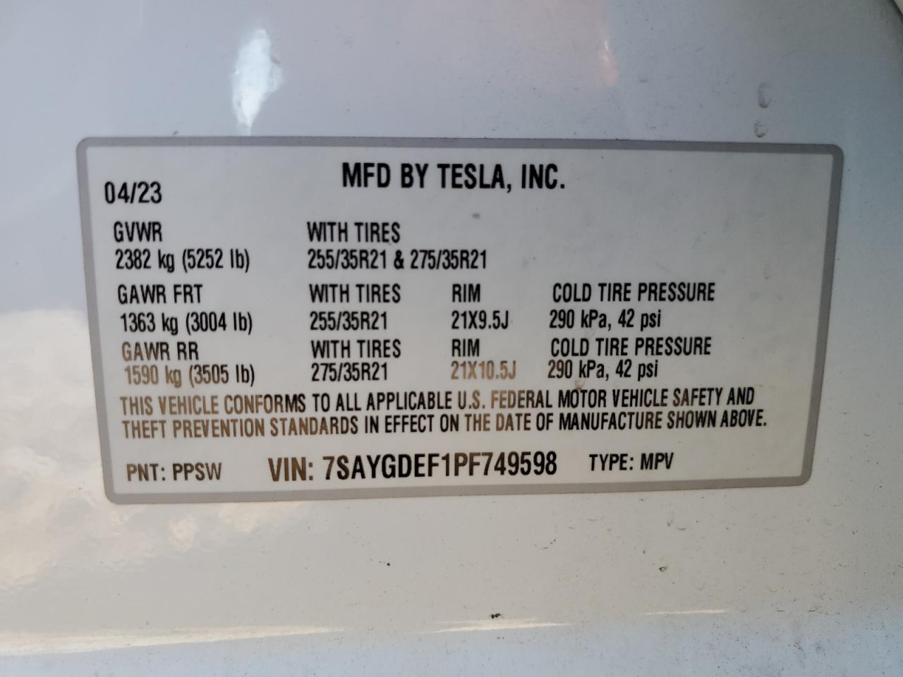 2023 Tesla Model Y VIN: 7SAYGDEF1PF749598 Lot: 84034615