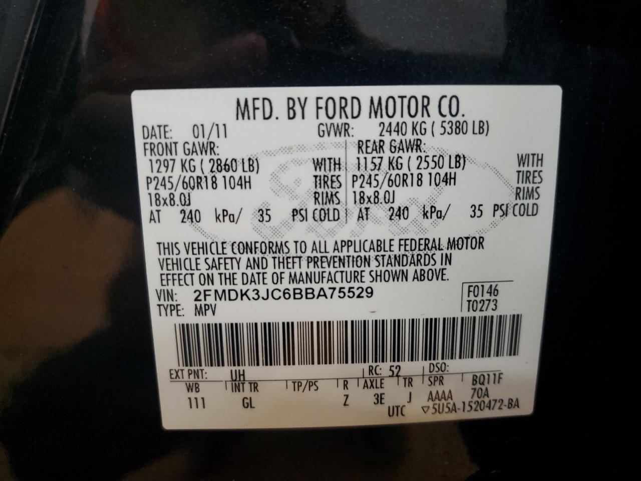 2011 Ford Edge Sel VIN: 2FMDK3JC6BBA75529 Lot: 80020005