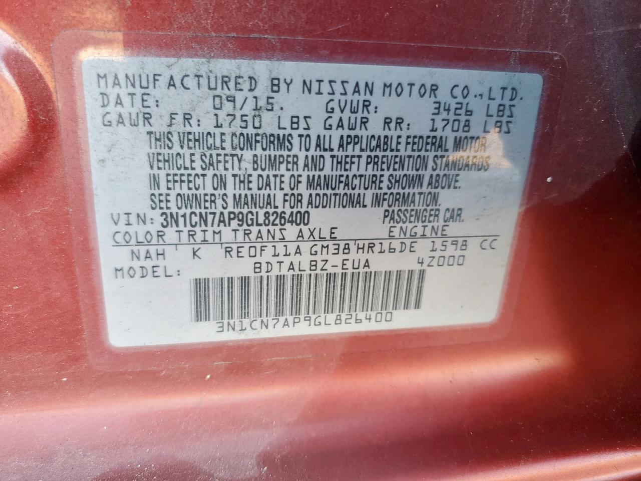 2016 Nissan Versa S VIN: 3N1CN7AP9GL826400 Lot: 71252315