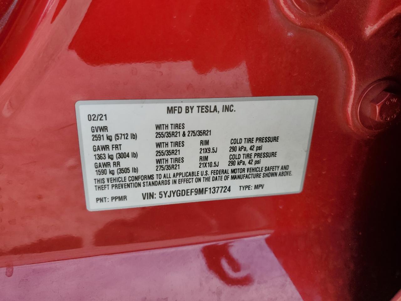 2021 Tesla Model Y VIN: 5YJYGDEF9MF137724 Lot: 71923255