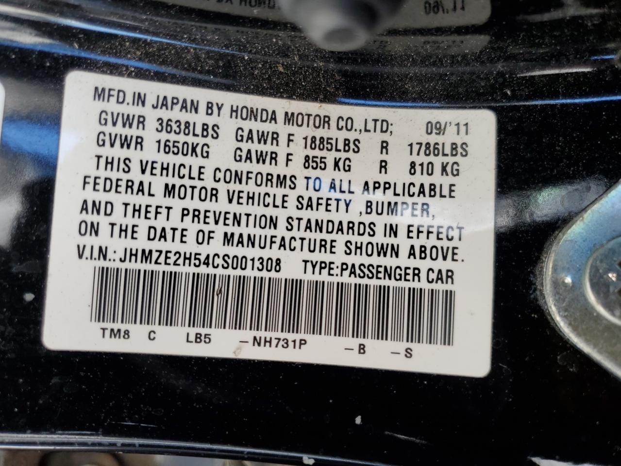 2012 Honda Insight Lx VIN: JHMZE2H54CS001308 Lot: 72080035