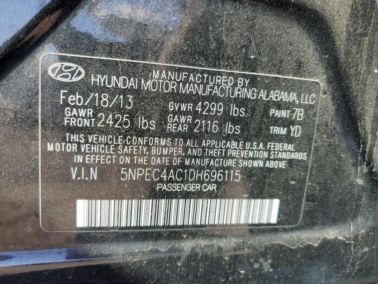 2013 Hyundai Sonata Se VIN: 5NPEC4AC1DH696115 Lot: 72079805