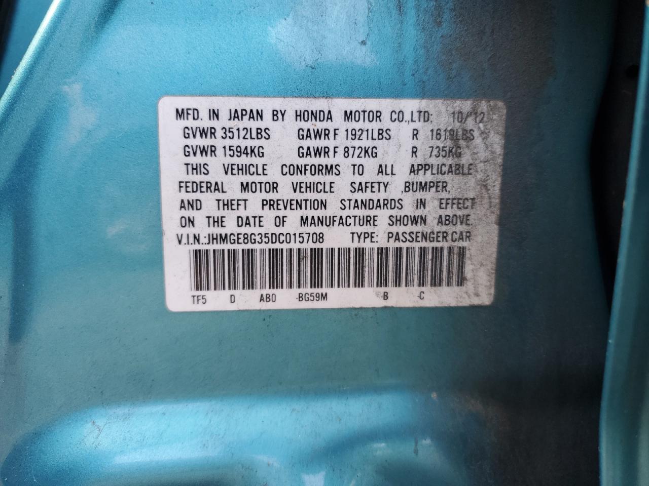 2013 Honda Fit VIN: JHMGE8G35DC015708 Lot: 81345535