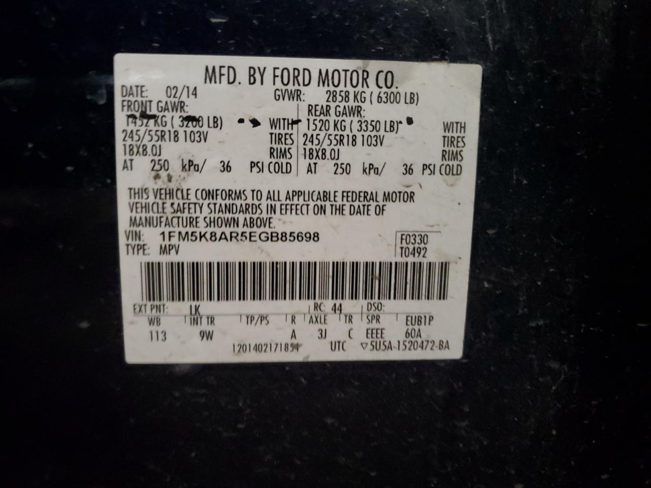 2014 Ford Explorer Police Interceptor VIN: 1FM5K8AR5EGB85698 Lot: 70790825