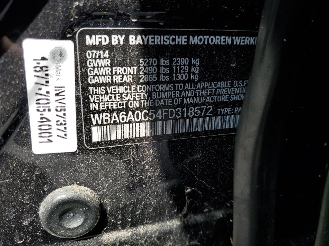 2015 BMW 640 I Gran Coupe VIN: WBA6A0C54FD318572 Lot: 68973555