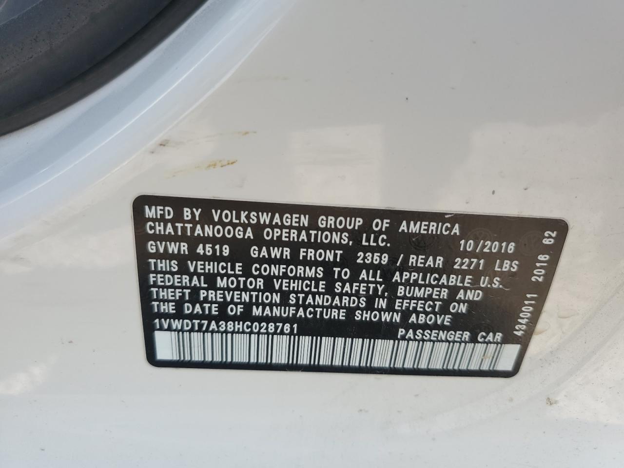 2017 Volkswagen Passat R-Line VIN: 1VWDT7A38HC028761 Lot: 80713345