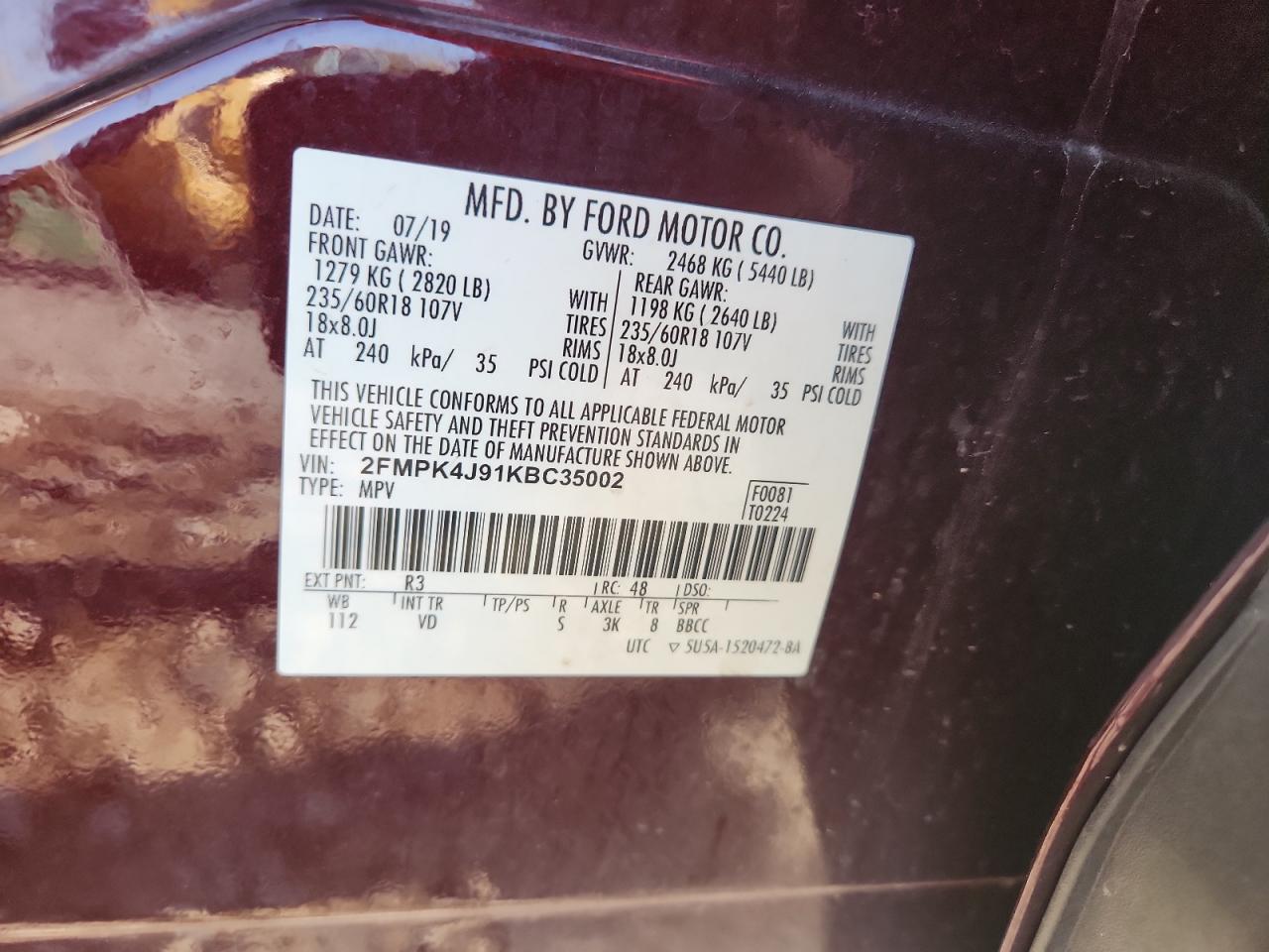 2019 Ford Edge Sel VIN: 2FMPK4J91KBC35002 Lot: 80734345