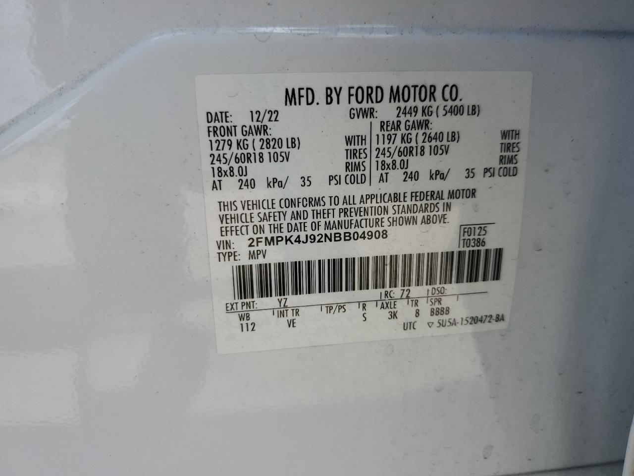 2022 Ford Edge Sel VIN: 2FMPK4J92NBB04908 Lot: 81769935