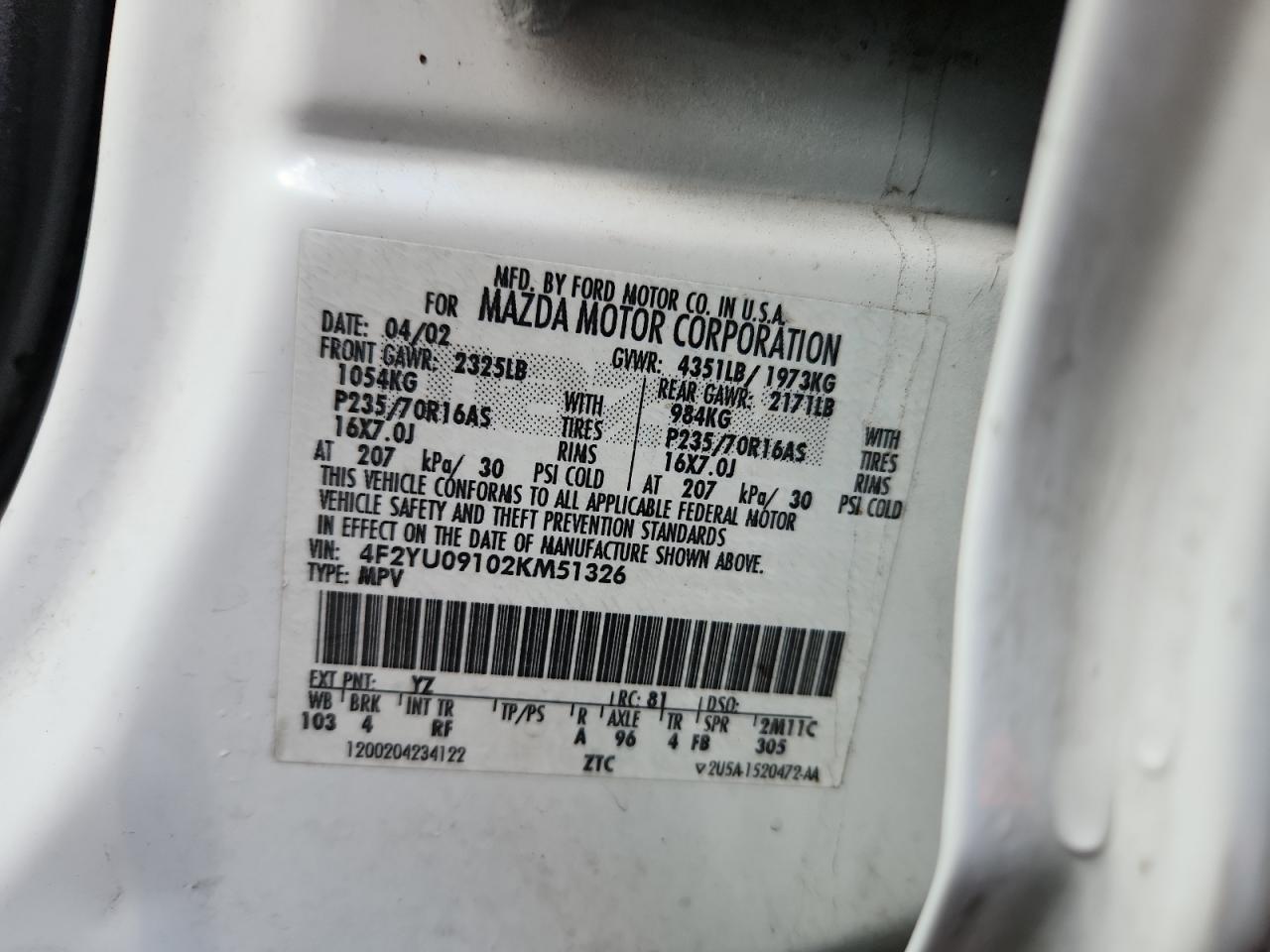 2002 Mazda Tribute Lx VIN: 4F2YU09102KM51326 Lot: 80205895