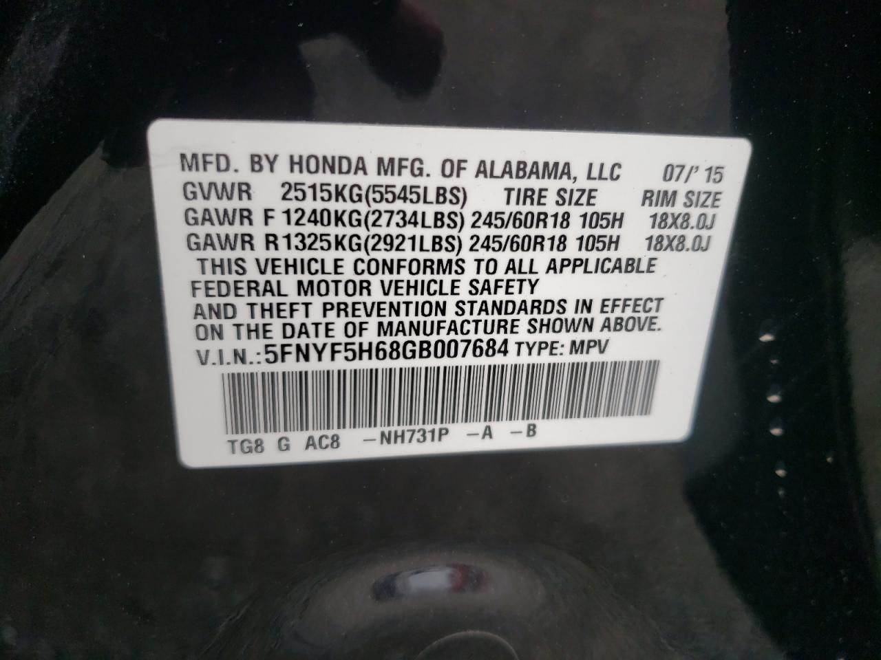 2016 Honda Pilot Exl VIN: 5FNYF5H68GB007684 Lot: 84292435