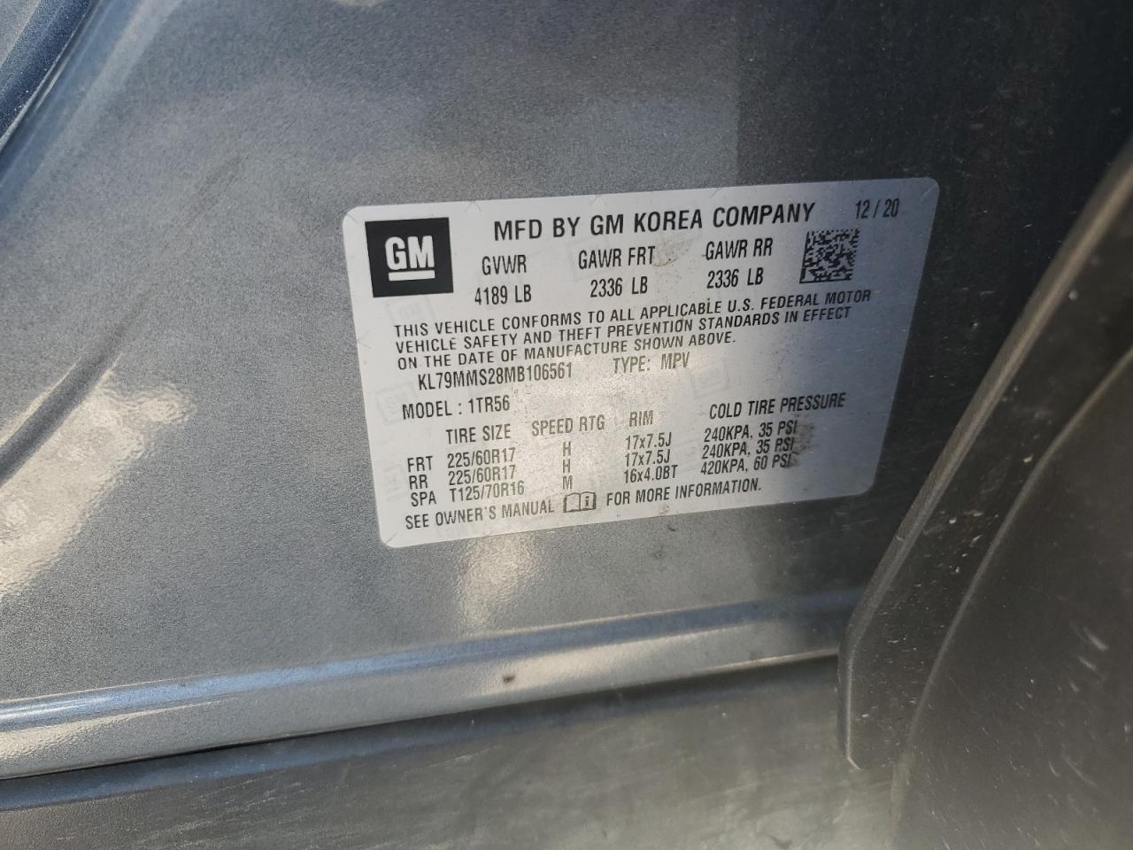 2021 Chevrolet Trailblazer Ls VIN: KL79MMS28MB106561 Lot: 80393695