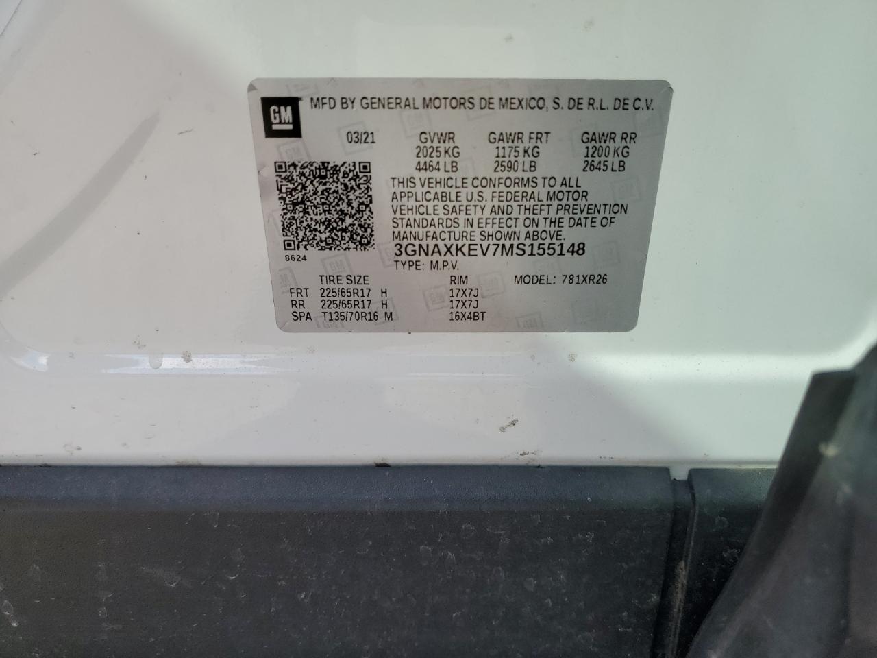 2021 Chevrolet Equinox Lt VIN: 3GNAXKEV7MS155148 Lot: 71534215