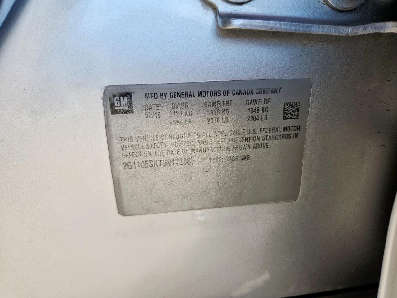 2016 Chevrolet Impala Lt VIN: 2G1105SA7G9172087 Lot: 81755575