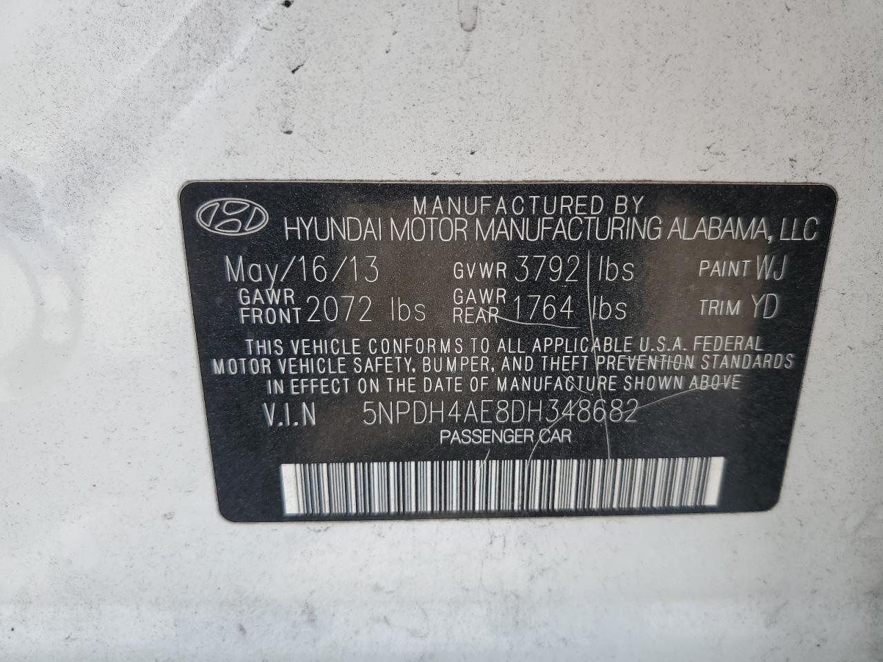 2013 Hyundai Elantra Gls VIN: 5NPDH4AE8DH348682 Lot: 71045525