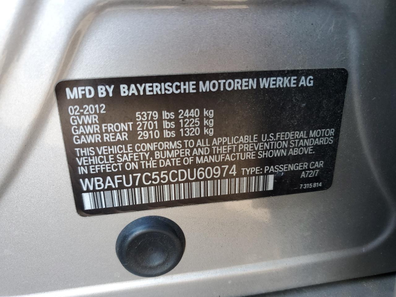 2012 BMW 535 Xi VIN: WBAFU7C55CDU60974 Lot: 81445855