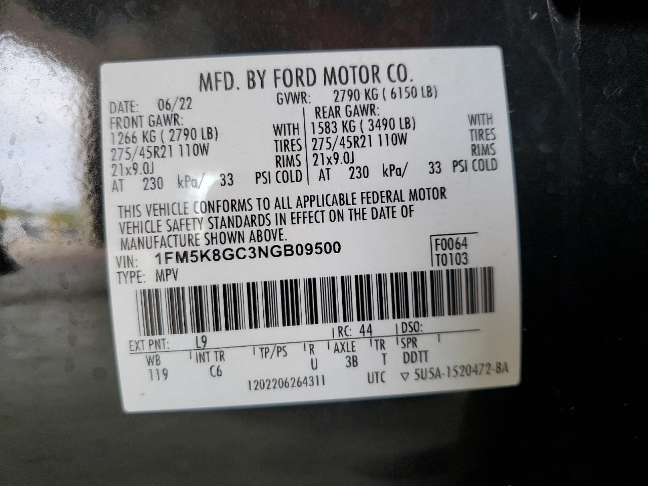 2022 Ford Explorer St VIN: 1FM5K8GC3NGB09500 Lot: 81641395