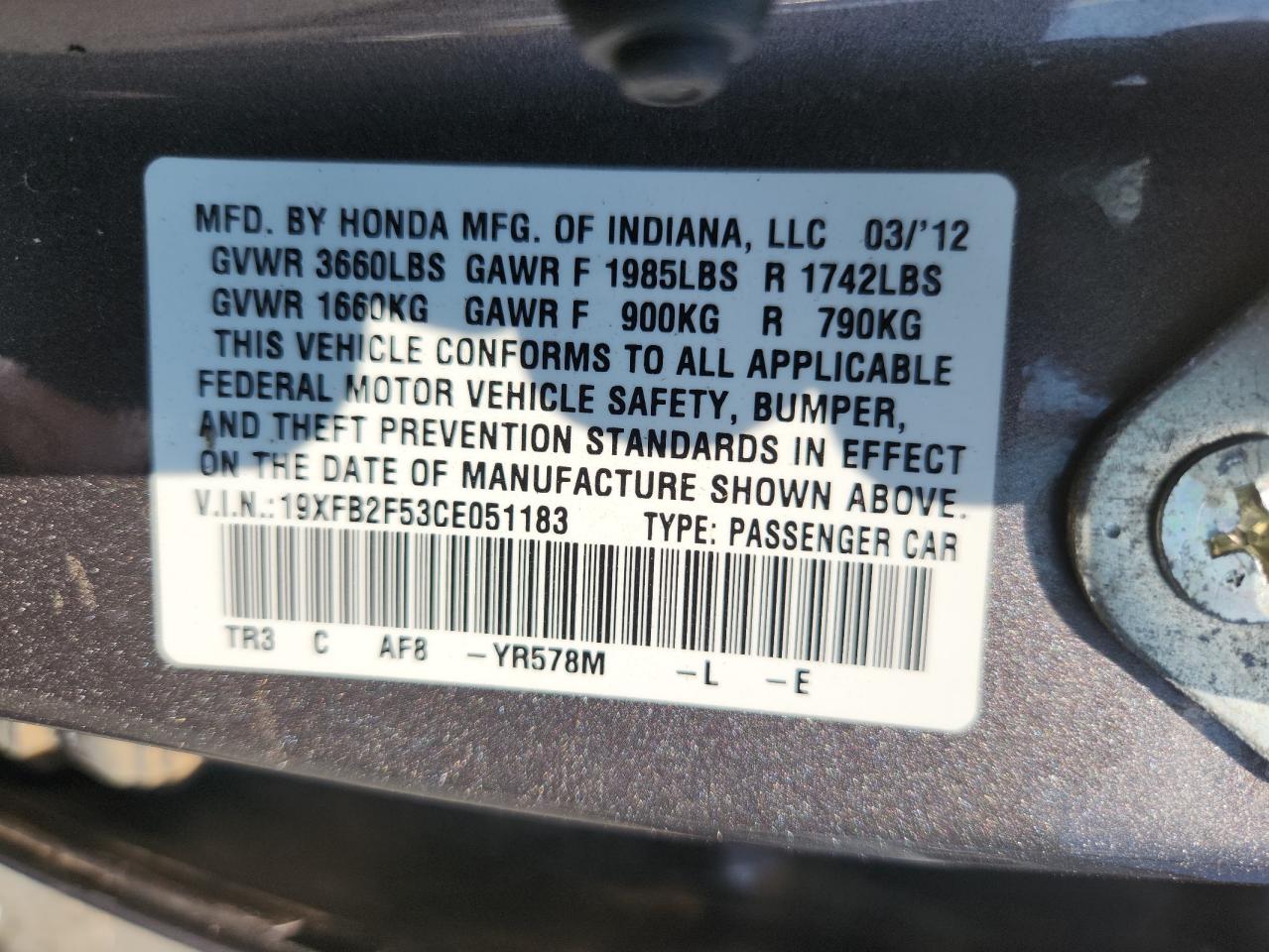 2012 Honda Civic Lx VIN: 19XFB2F53CE051183 Lot: 80271435