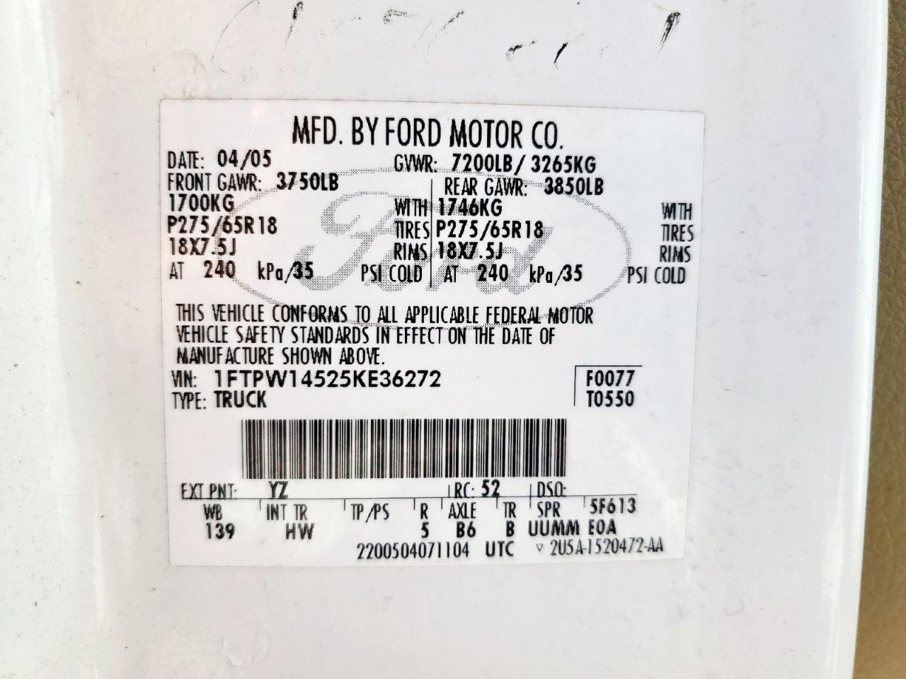 2005 Ford F150 Supercrew VIN: 1FTPW14525KE36272 Lot: 80535465