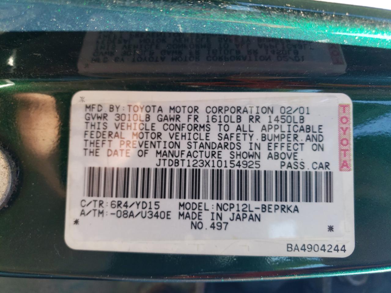 2001 Toyota Echo VIN: JTDBT123X10154925 Lot: 80442225