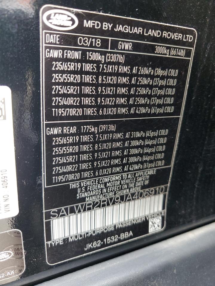 2018 Land Rover Range Rover Sport Hse VIN: SALWR2RV9JA406910 Lot: 81054835