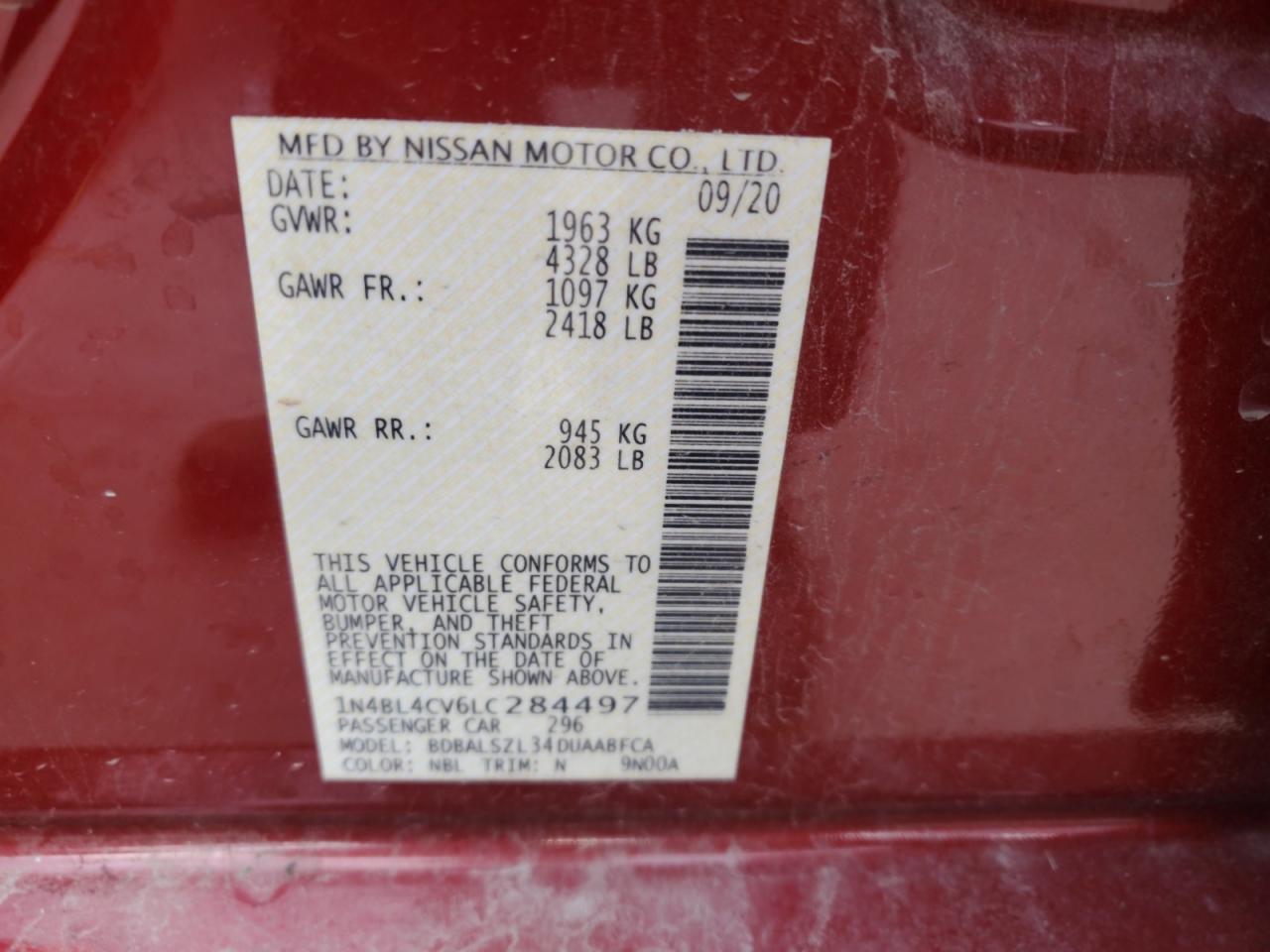 2020 Nissan Altima Sr VIN: 1N4BL4CV6LC284497 Lot: 70638905