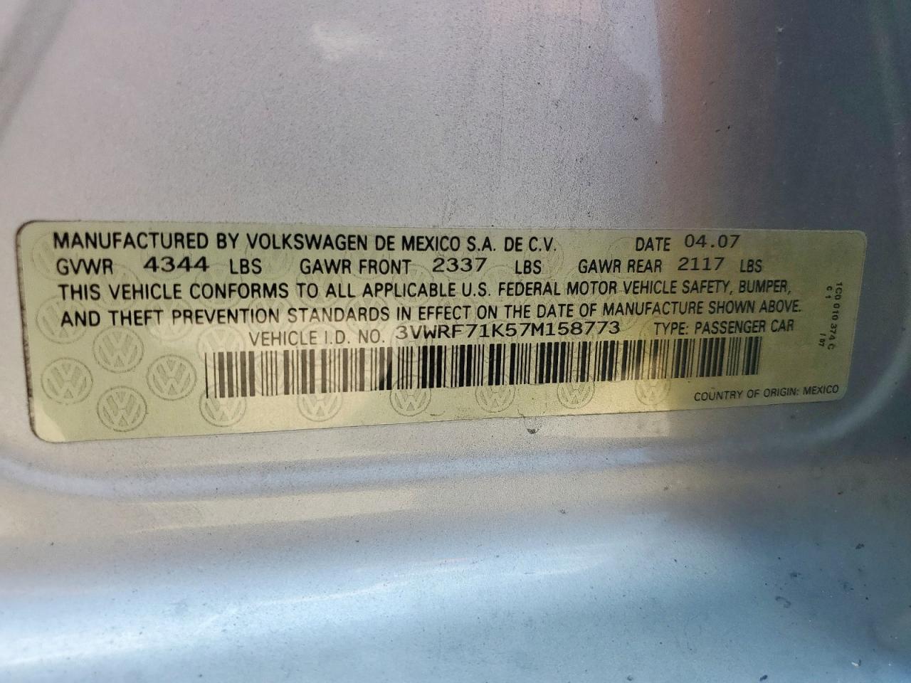 2007 Volkswagen Jetta 2.5 Option Package 1 VIN: 3VWRF71K57M158773 Lot: 81218165