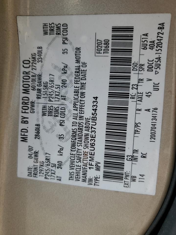 2007 Ford Explorer Xlt VIN: 1FMEU63E37UB54334 Lot: 81029505