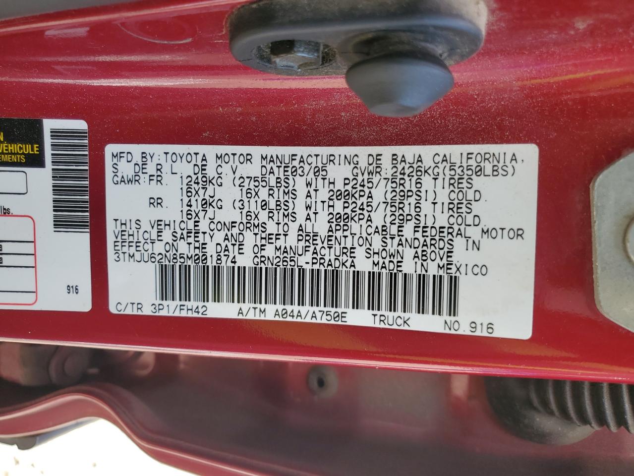 2005 Toyota Tacoma Double Cab Prerunner VIN: 3TMJU62N85M001874 Lot: 82157605