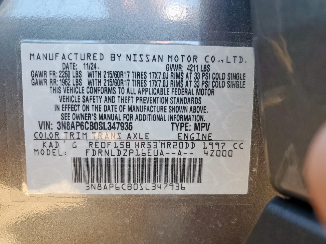 2025 Nissan Kicks Sv VIN: 3N8AP6CB0SL347936 Lot: 71815065