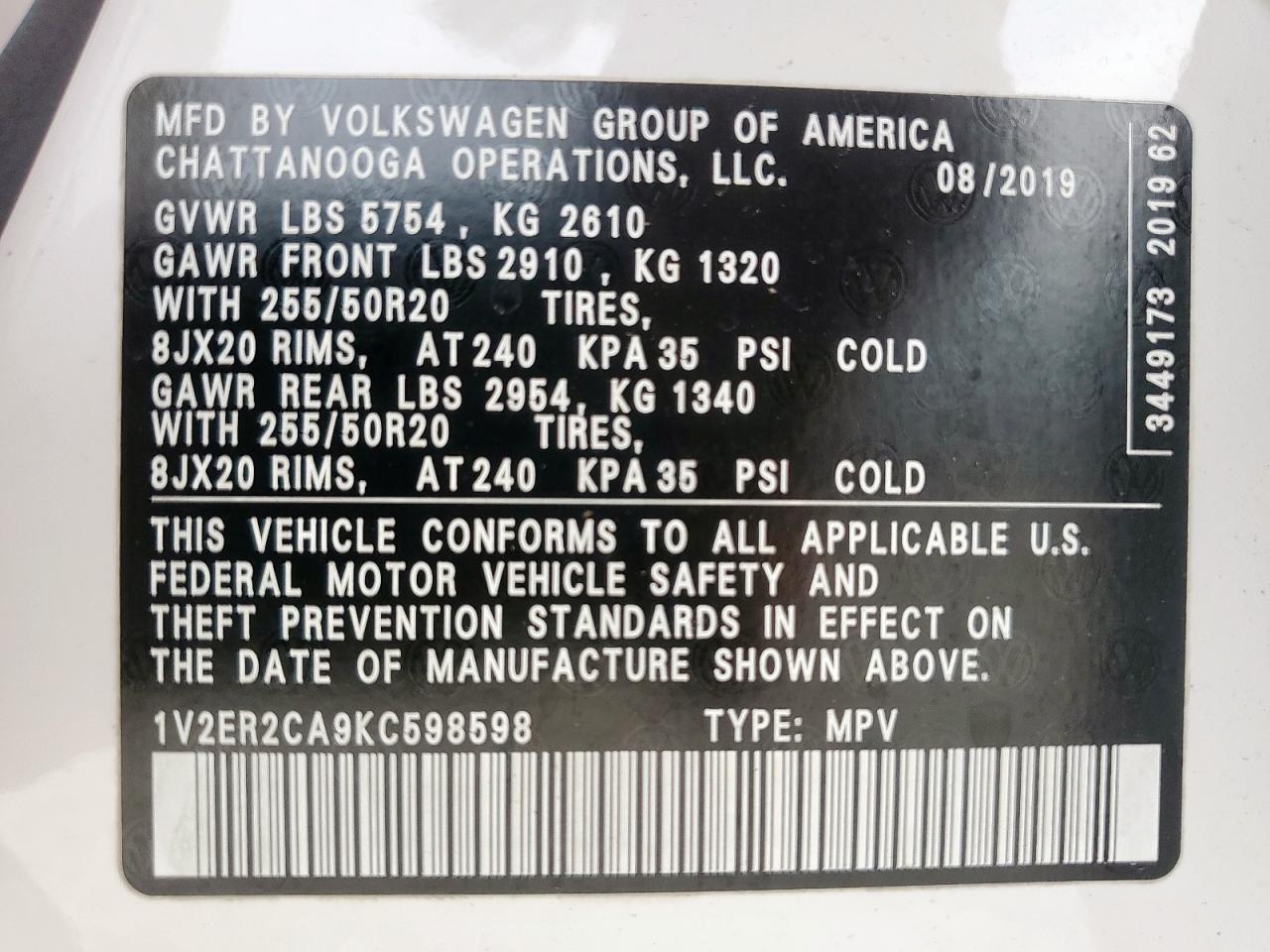 2019 Volkswagen Atlas Sel VIN: 1V2ER2CA9KC598598 Lot: 80589855