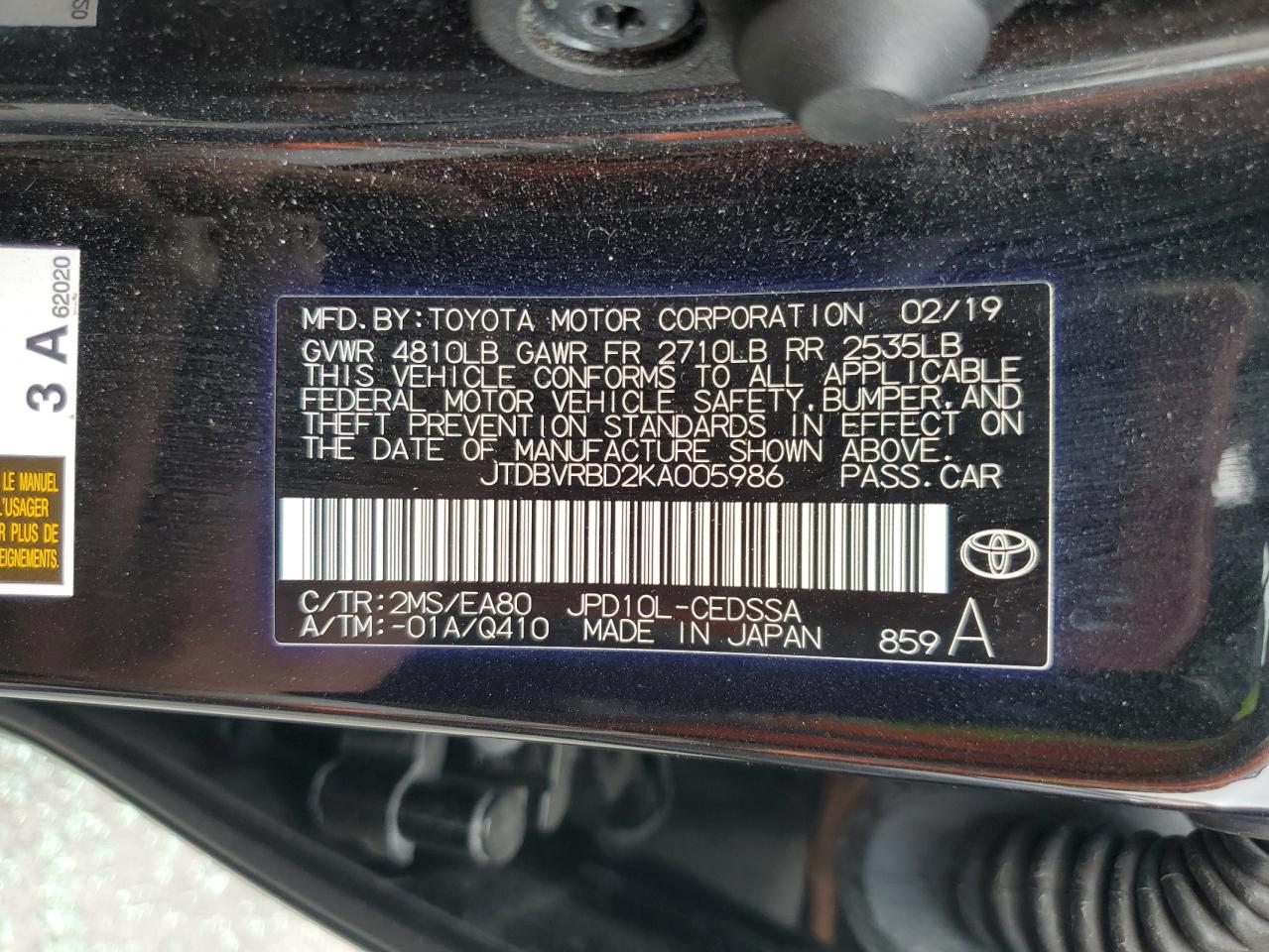 2019 Toyota Mirai VIN: JTDBVRBD2KA005986 Lot: 81237735