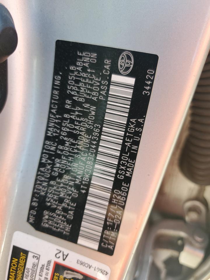 2012 Toyota Avalon Base VIN: 4T1BK3DB3CU443963 Lot: 80298655