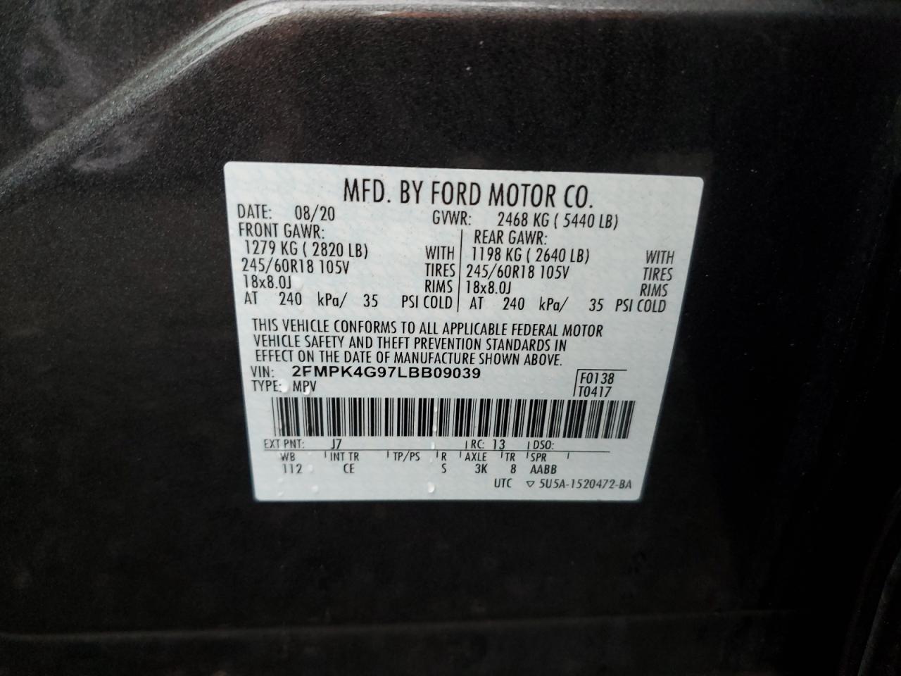 2020 Ford Edge Se VIN: 2FMPK4G97LBB09039 Lot: 83754585