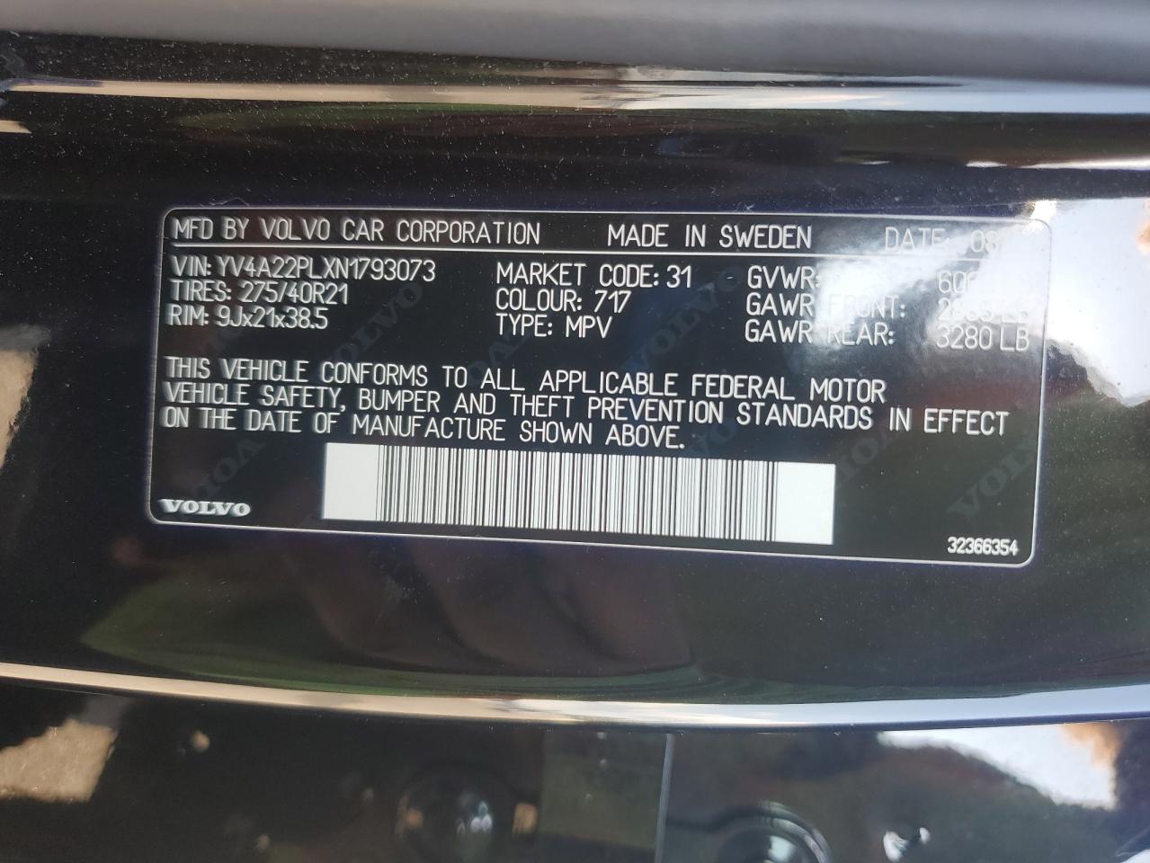 2022 Volvo Xc90 T6 Inscription VIN: YV4A22PLXN1793073 Lot: 80435855