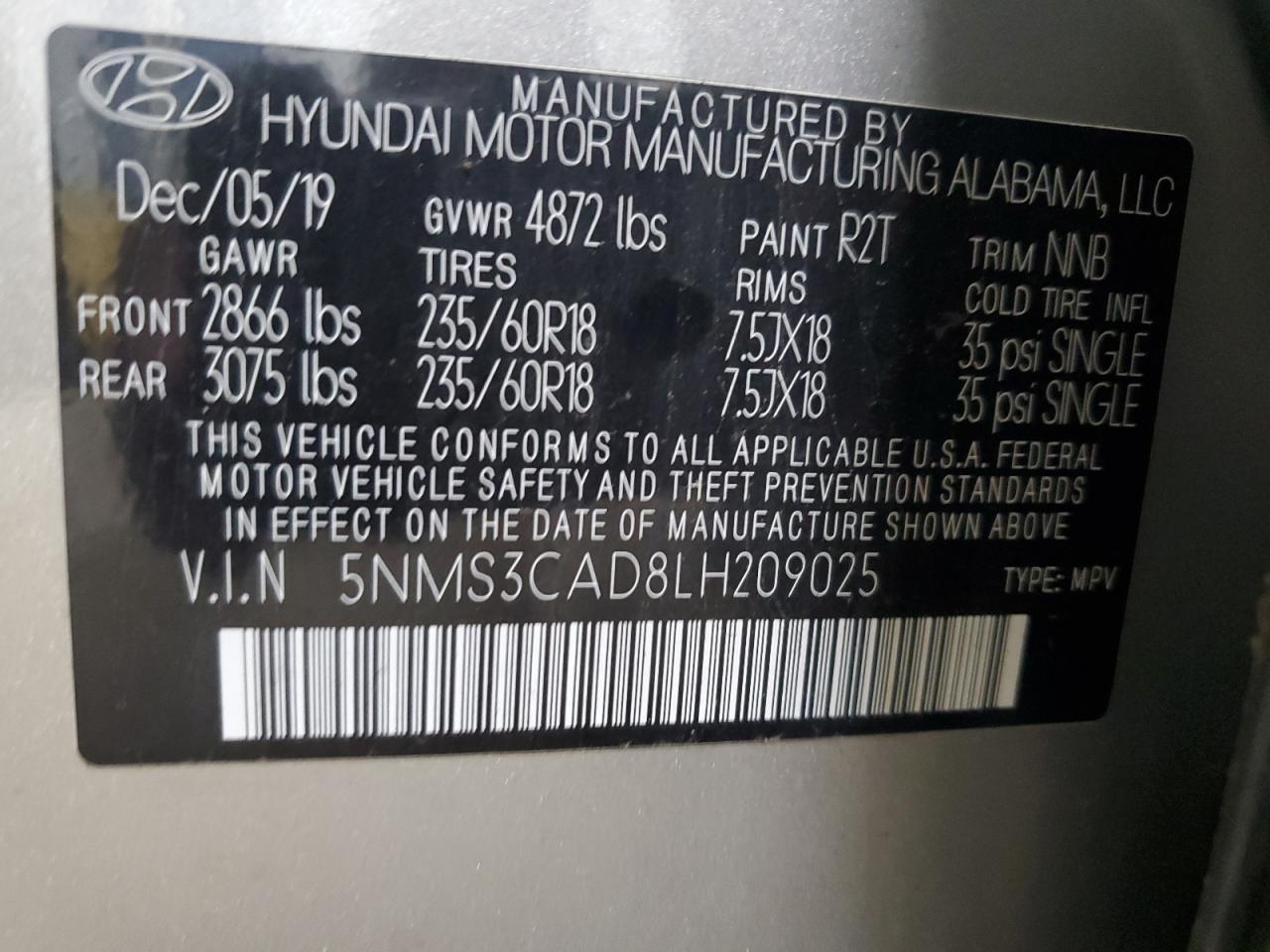 2020 Hyundai Santa Fe Sel VIN: 5NMS3CAD8LH209025 Lot: 84396015