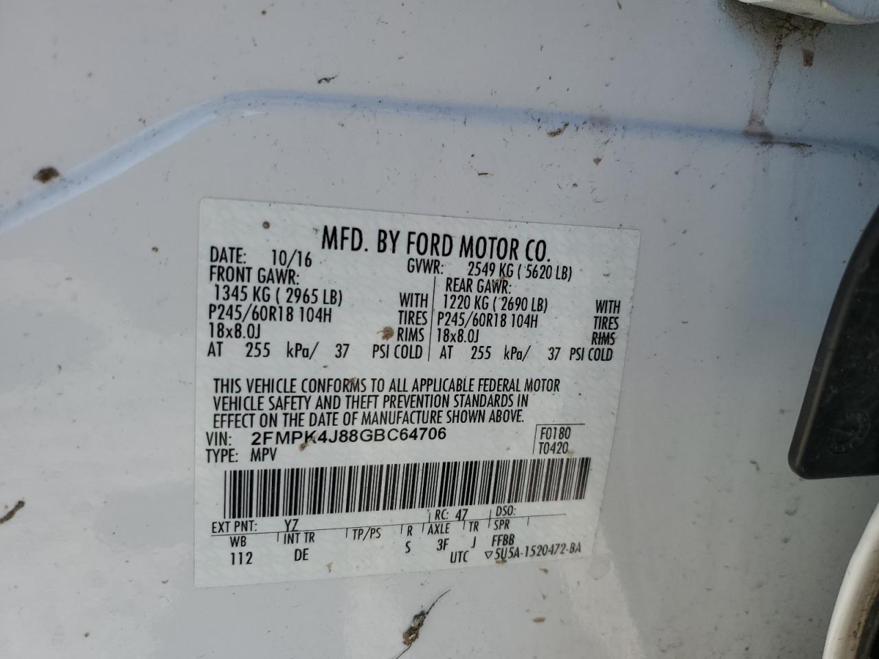 2016 Ford Edge Sel VIN: 2FMPK4J88GBC64706 Lot: 71099645