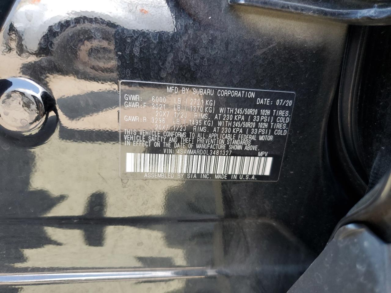 2020 Subaru Ascent Touring VIN: 4S4WMARD0L3481327 Lot: 81134935