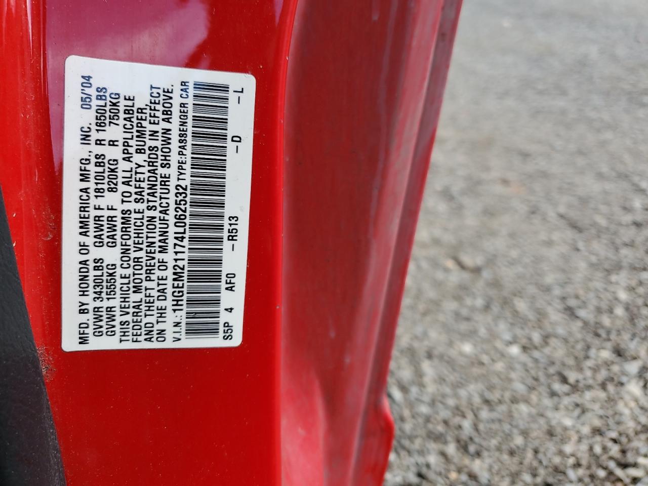 2004 Honda Civic Dx Vp VIN: 1HGEM21174L062532 Lot: 84002405