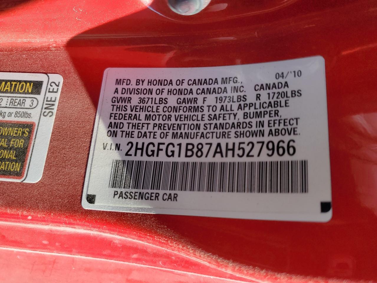 2010 Honda Civic Ex VIN: 2HGFG1B87AH527966 Lot: 81336575