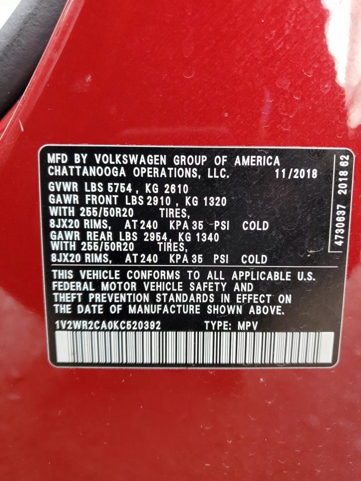 2019 Volkswagen Atlas Se VIN: 1V2WR2CA0KC520392 Lot: 81190585