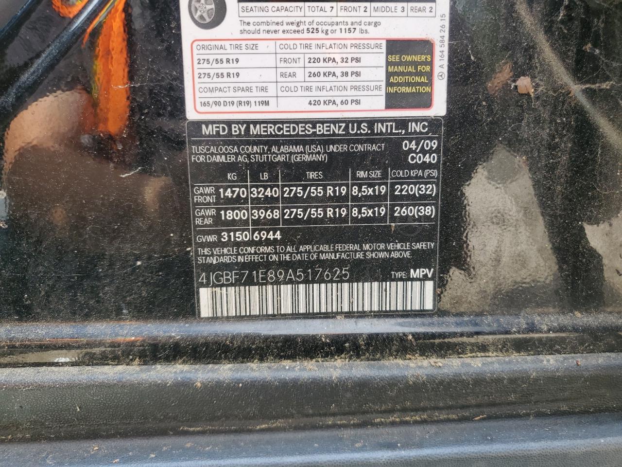 2009 Mercedes-Benz Gl 450 4Matic VIN: 4JGBF71E89A517625 Lot: 71153615
