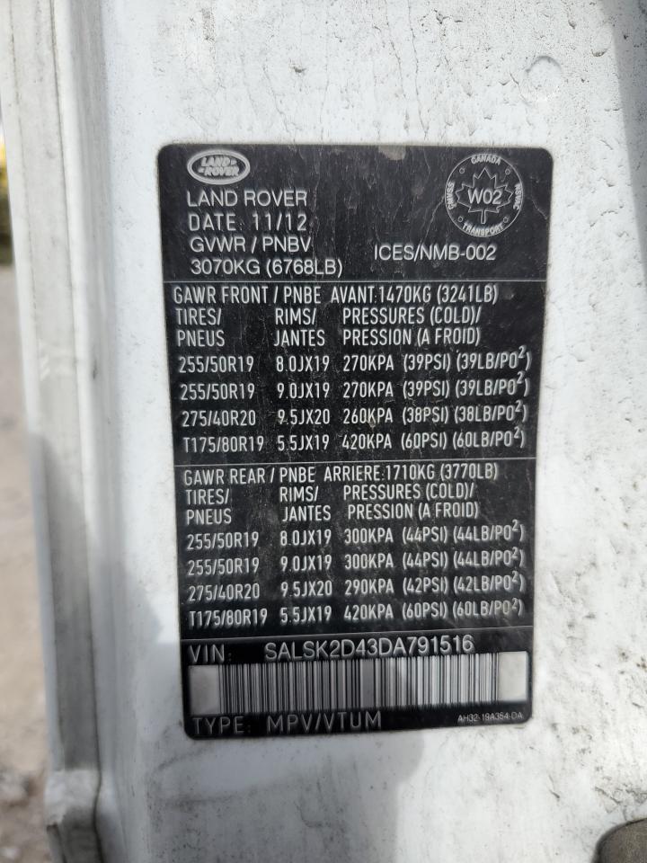 2013 Land Rover Range Rover Sport Hse Luxury VIN: SALSK2D43DA791516 Lot: 80067765