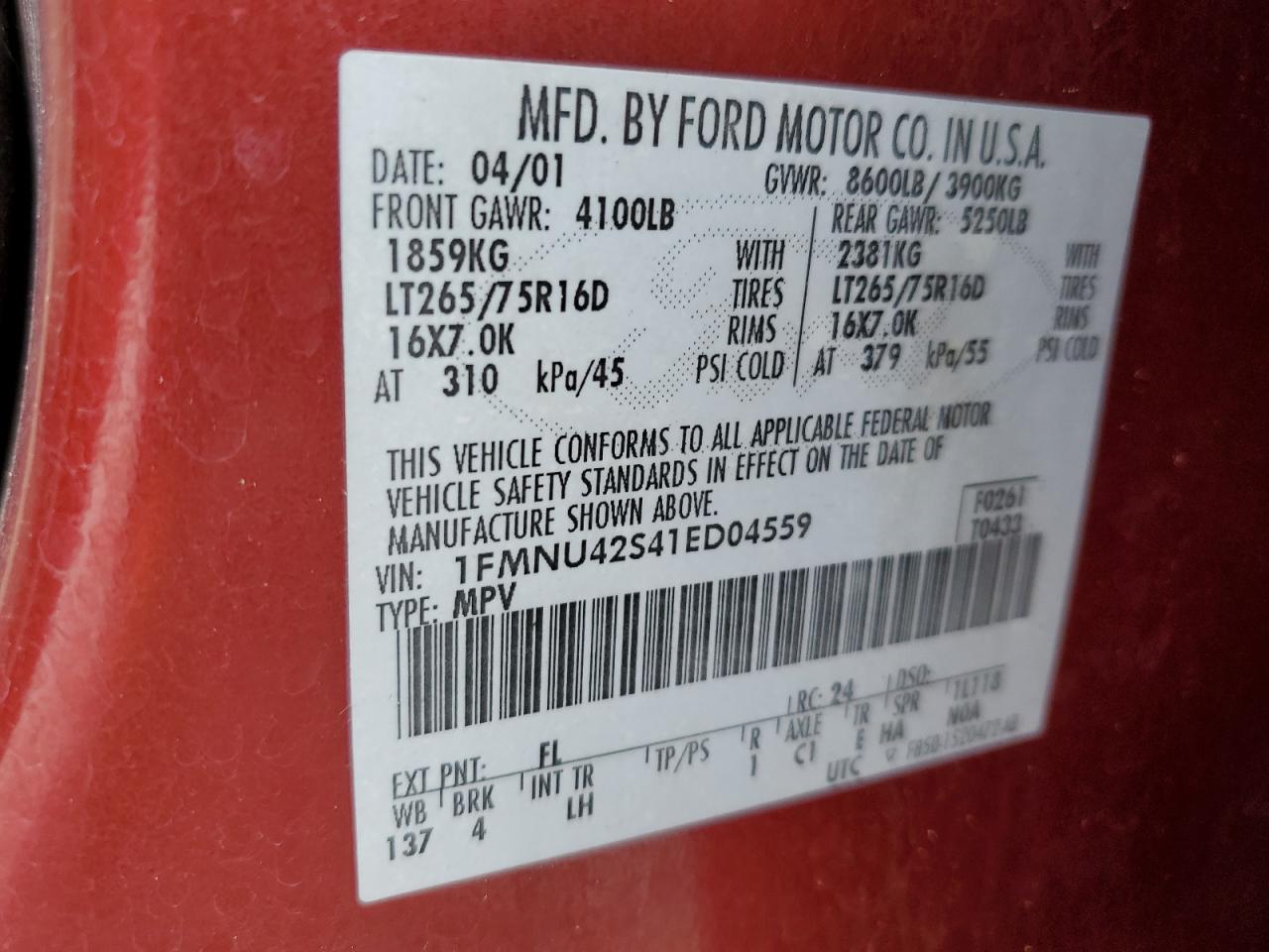 2001 Ford Excursion Limited VIN: 1FMNU42S41ED04559 Lot: 81928395