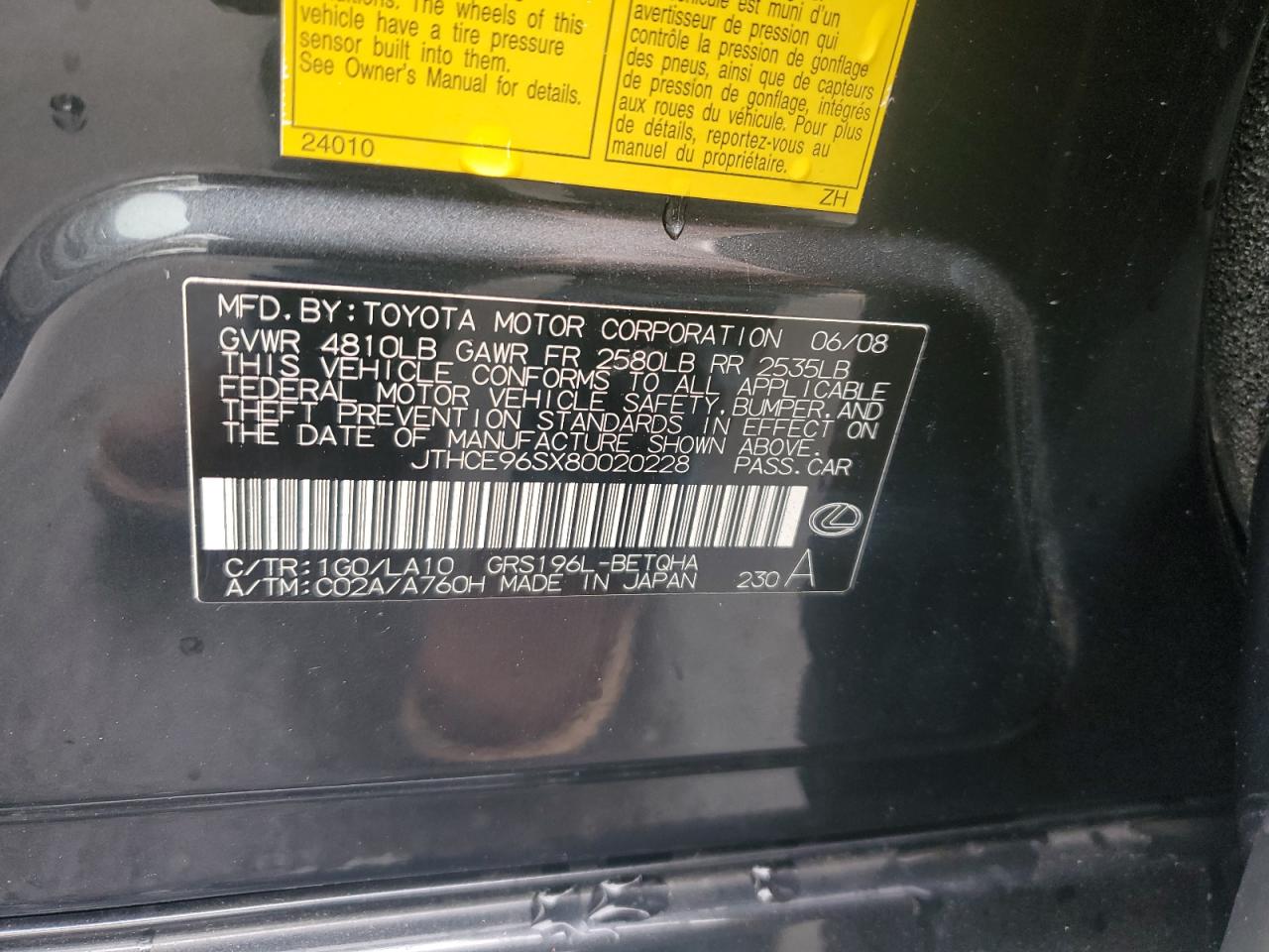 2008 Lexus Gs 350 VIN: JTHCE96SX80020228 Lot: 71788675