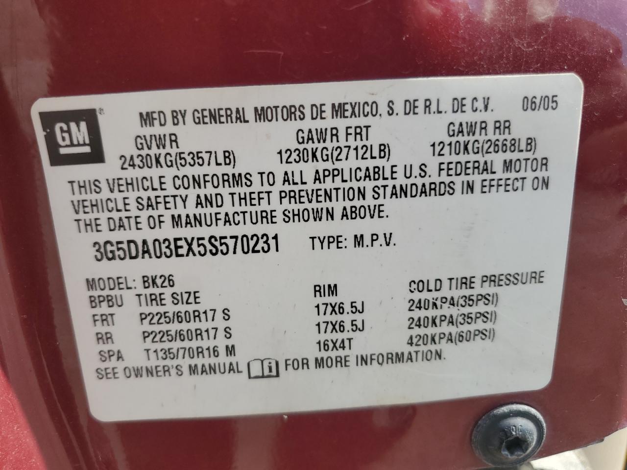 2005 Buick Rendezvous Cx VIN: 3G5DA03EX5S570231 Lot: 80634165